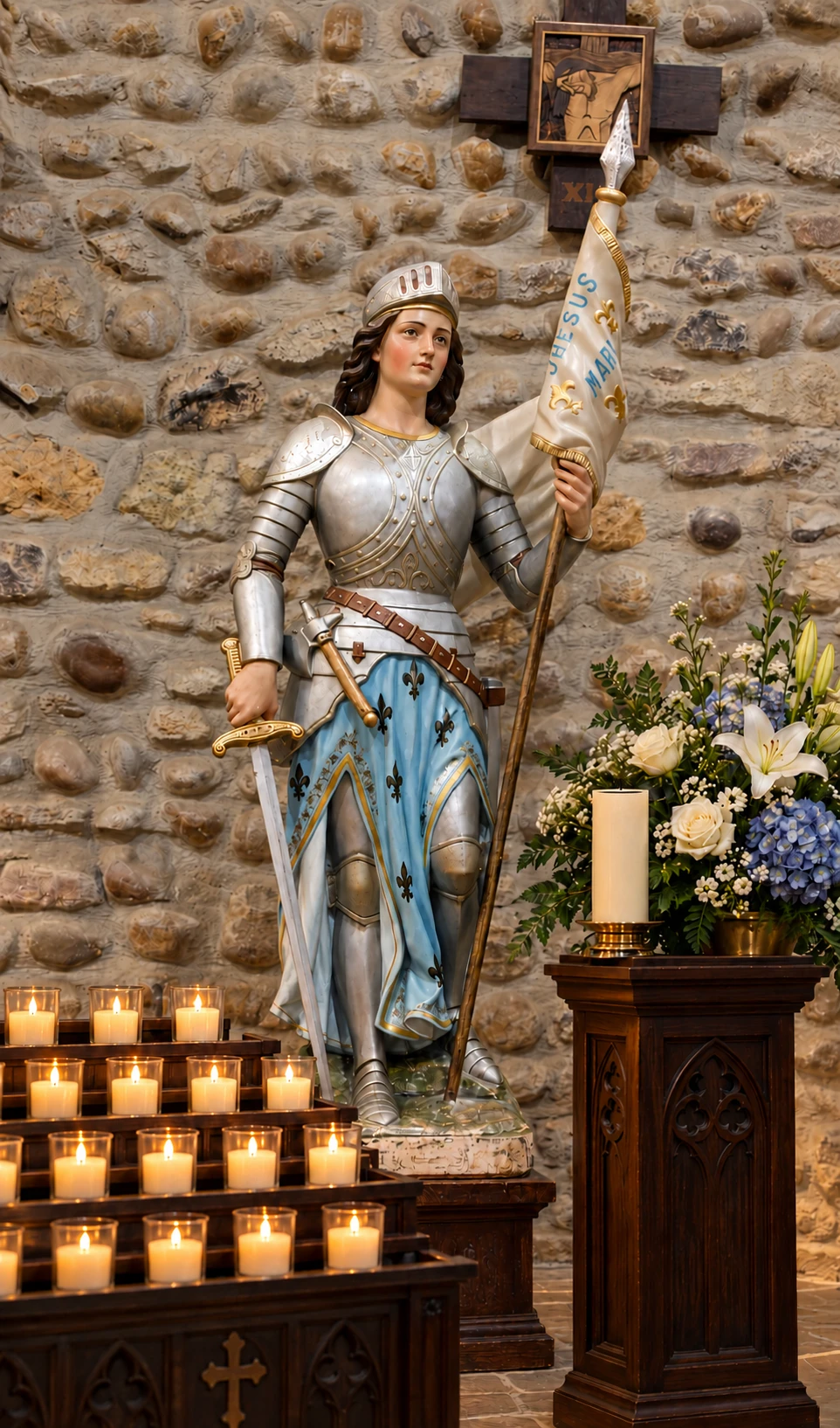 Sainte Jeanne d’Arc dans une chapelle, petits cierges allumés et grand cierge éteint près des fleurs.